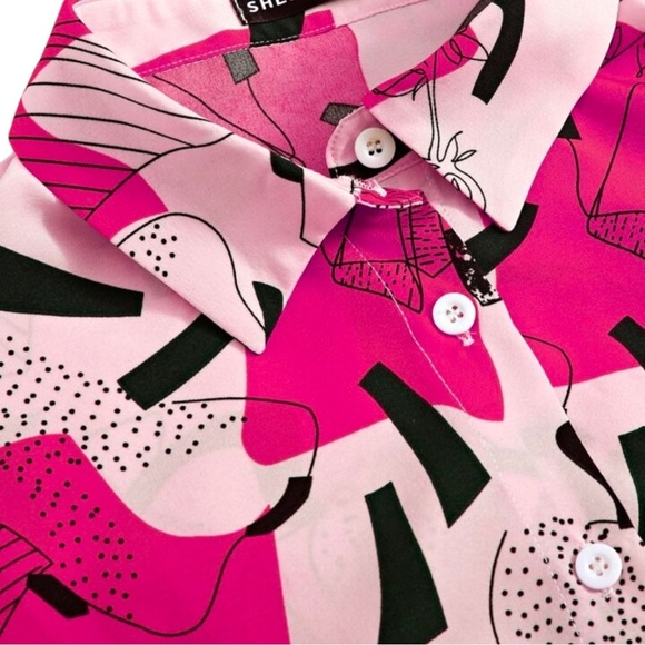 SHEIN Essnce Graphic Print Tie Front Crop Shirt Short Sleeve Size XL Pink Black - Picture 4 of 5
